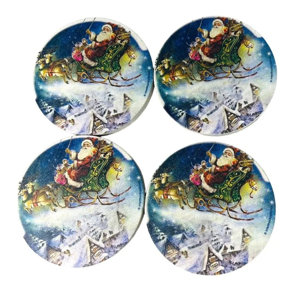 Thirsty Stone Set of 4 Natural Sandstone & Cork Santa Christmas Coasters - Picture 1 of 13